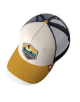Gorra trucker deportiva unisex para hombre y mujer Born to Kitesurf Brown / Blue / Yellow